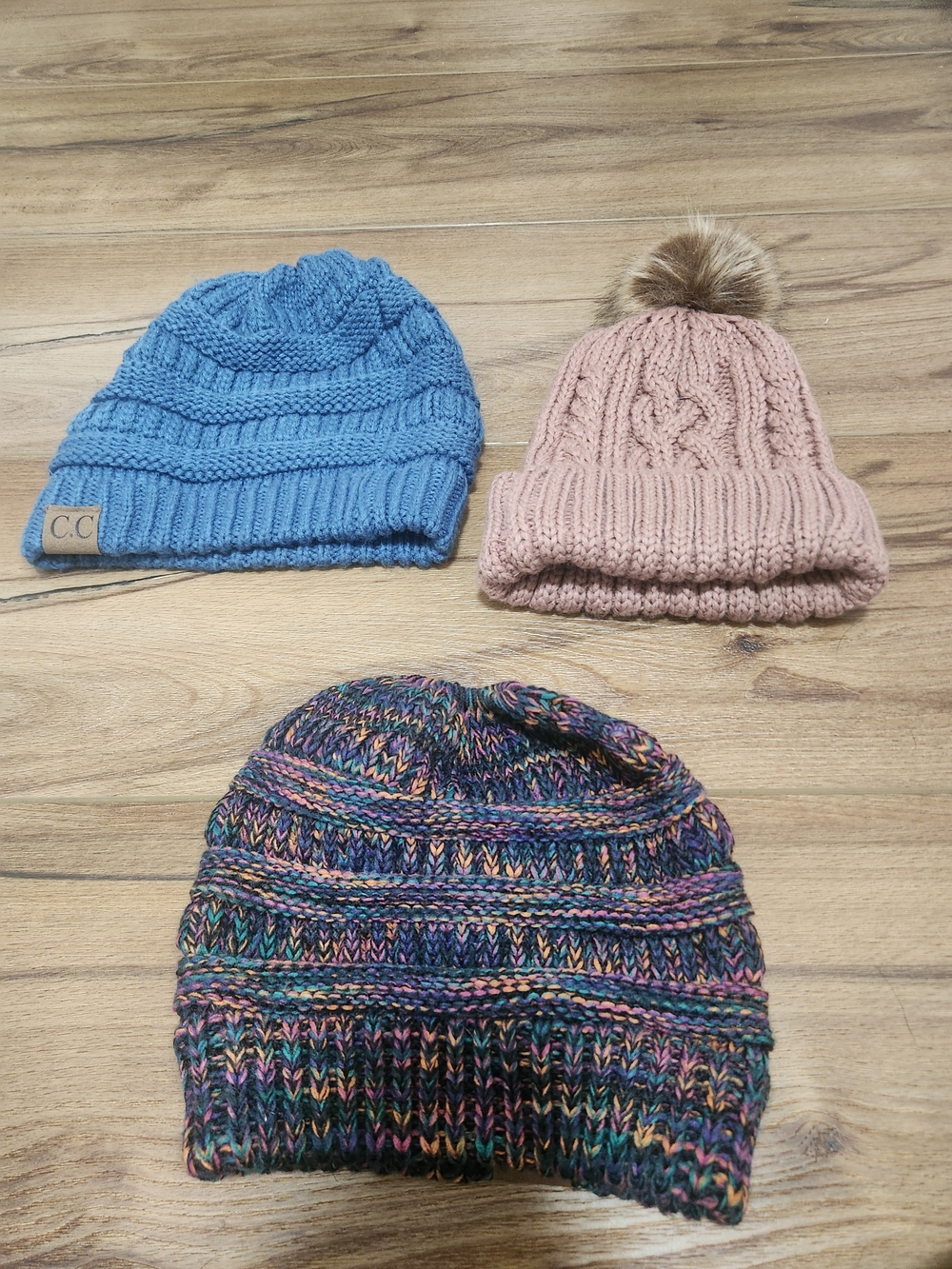 C.C Kids Knit Beanie Trio - Blue, Blush Pink, Multicolor